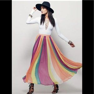Free People ‘In The Crowd’ Chiffon Rainbow Maxi Skirt Size 4 Rare!